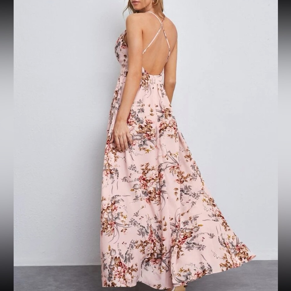 Boho Floral Print Deep Neck Backless Open Back Cami Maxi Dress - Picture 2 of 5